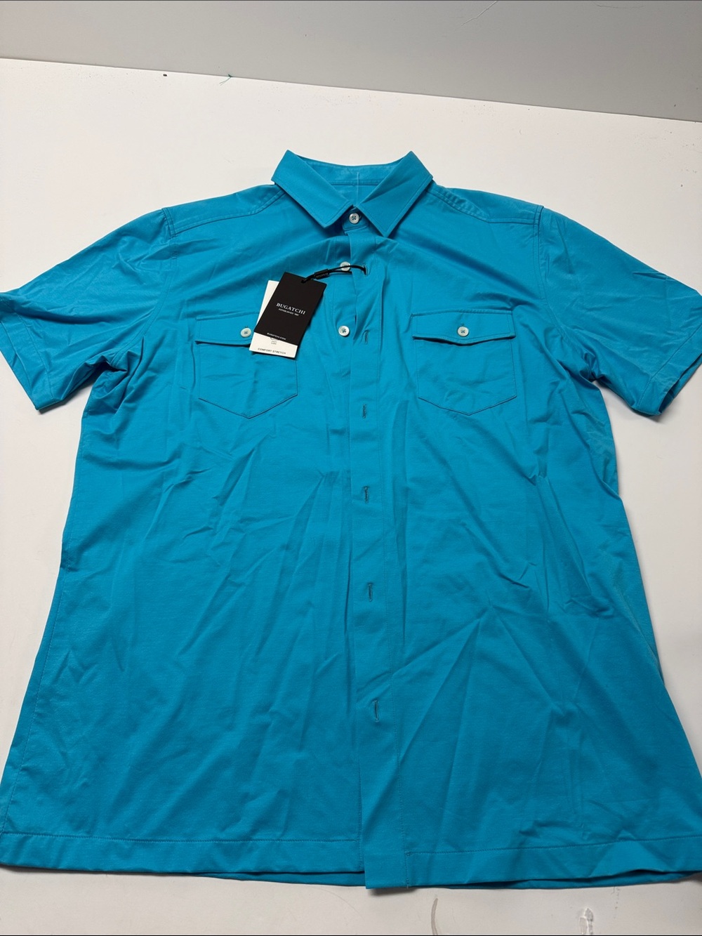 Bugatchi Men’s Short Sleeve Button-Down Shirt - Teal Blue